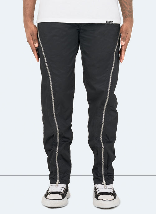 Nylon Flare Zipper Pants - Black