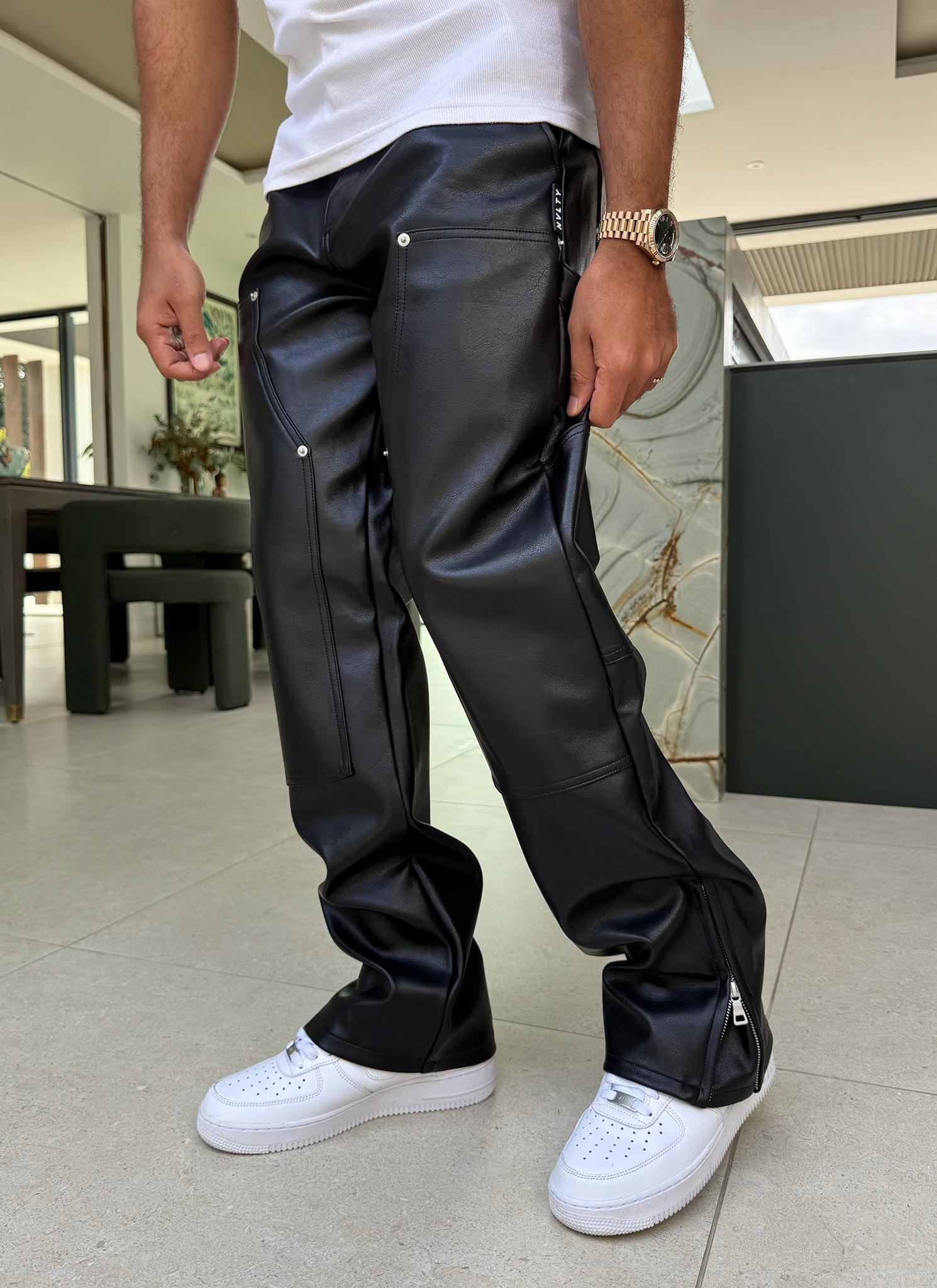Leather Carpenter Rivet Pants - Black