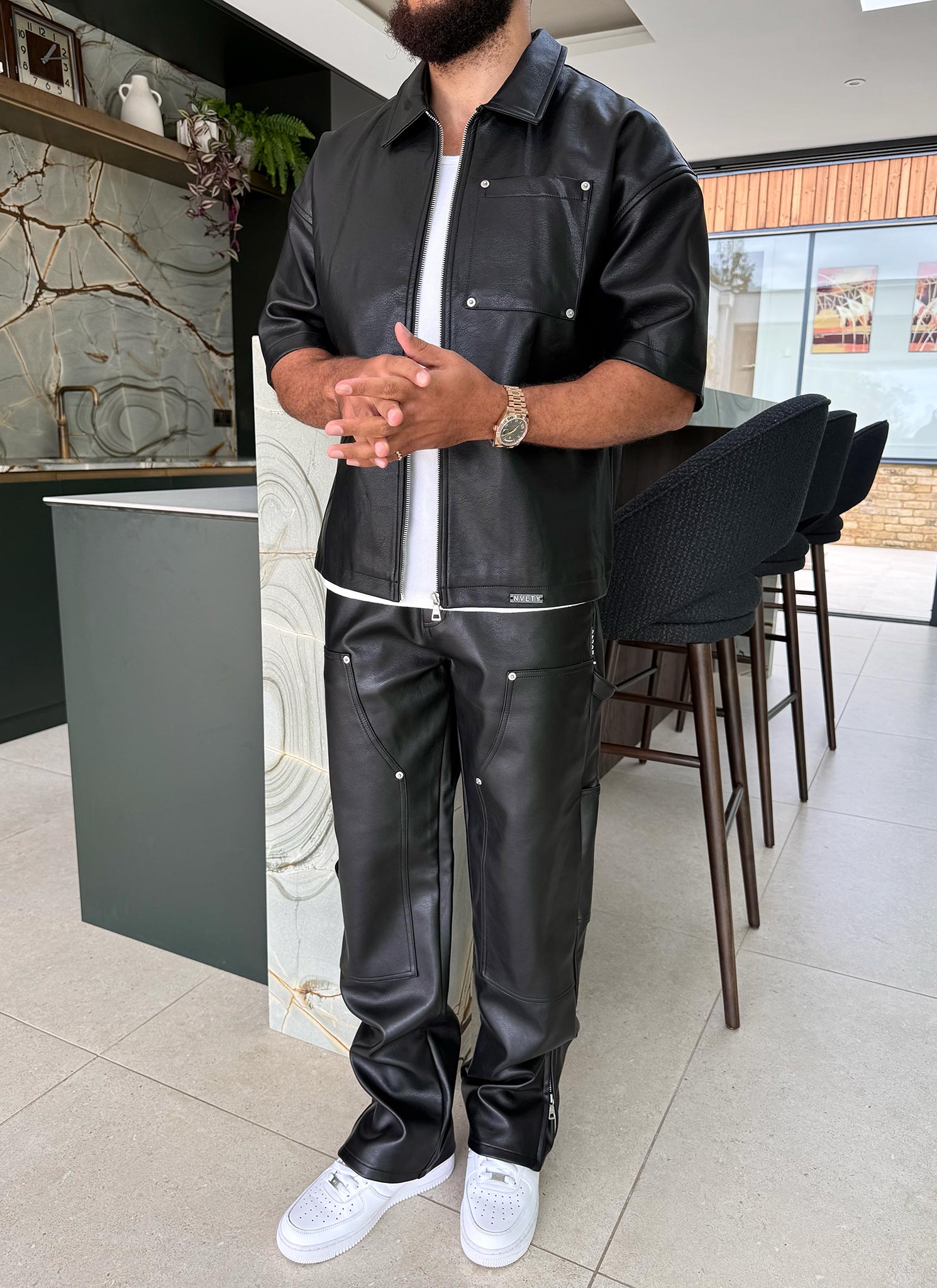 Leather Carpenter Rivet Pants - Black