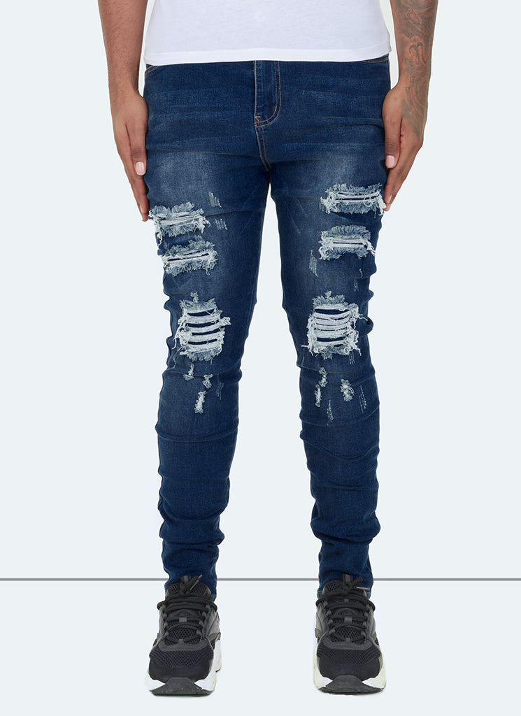 Ripped Repaired Jeans Dark Blue – N V L T Y - Main Image