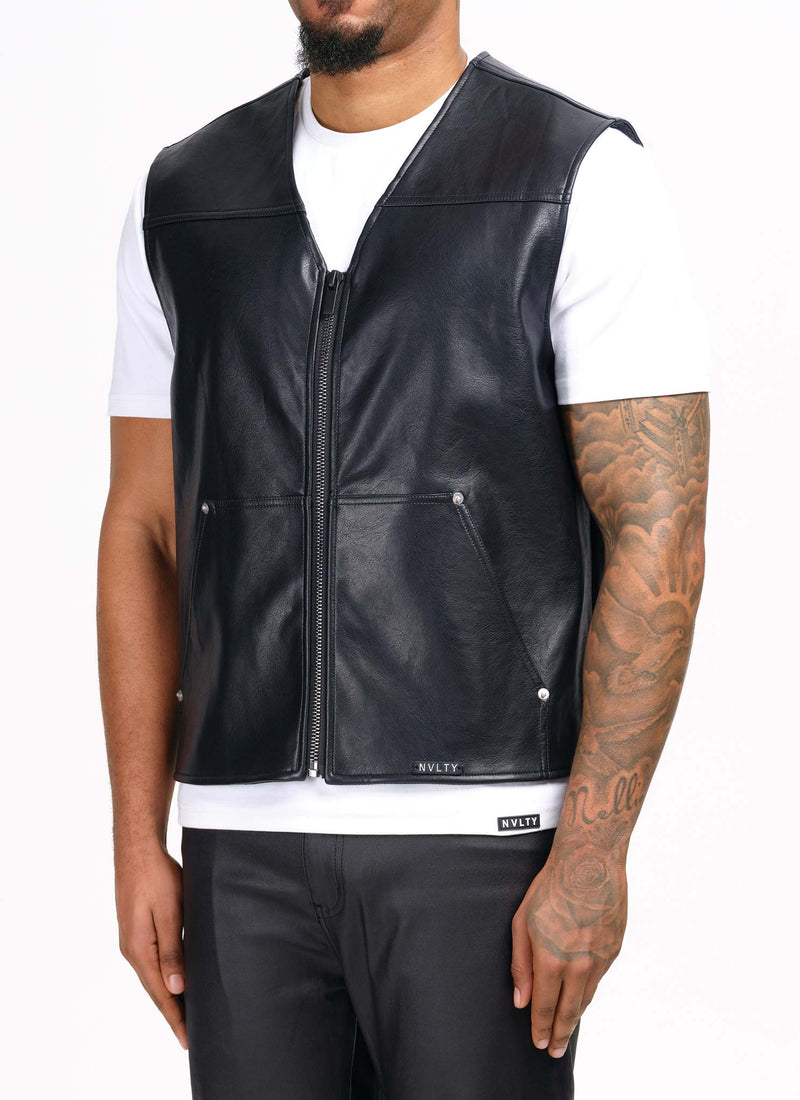 Leather Carpenter Rivet Vest - Black
