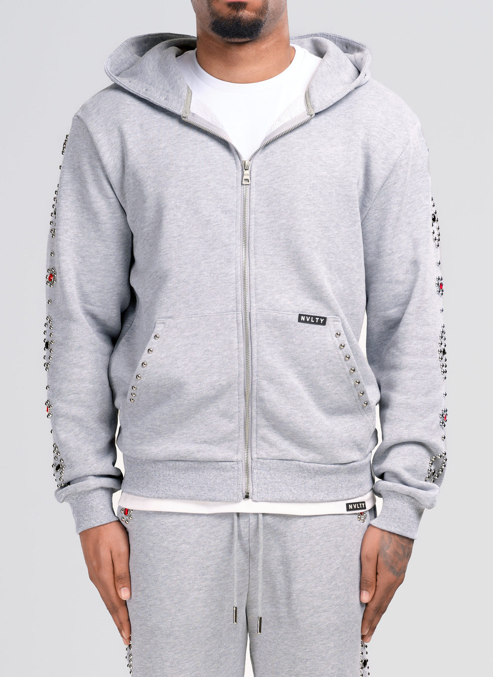 Vintage Studded Zip Hoodie - Grey