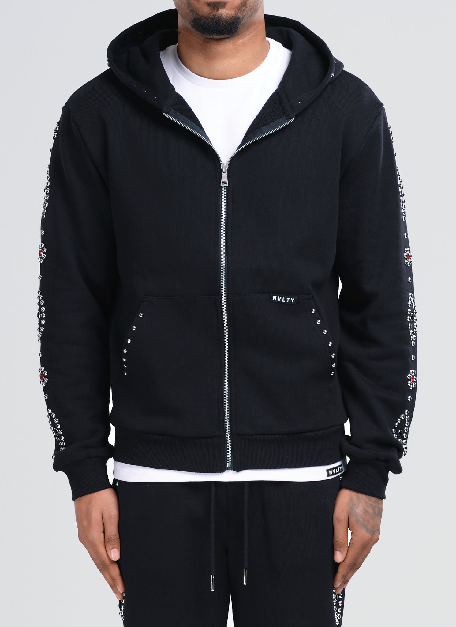 Vintage Studded Zip Hoodie - Black