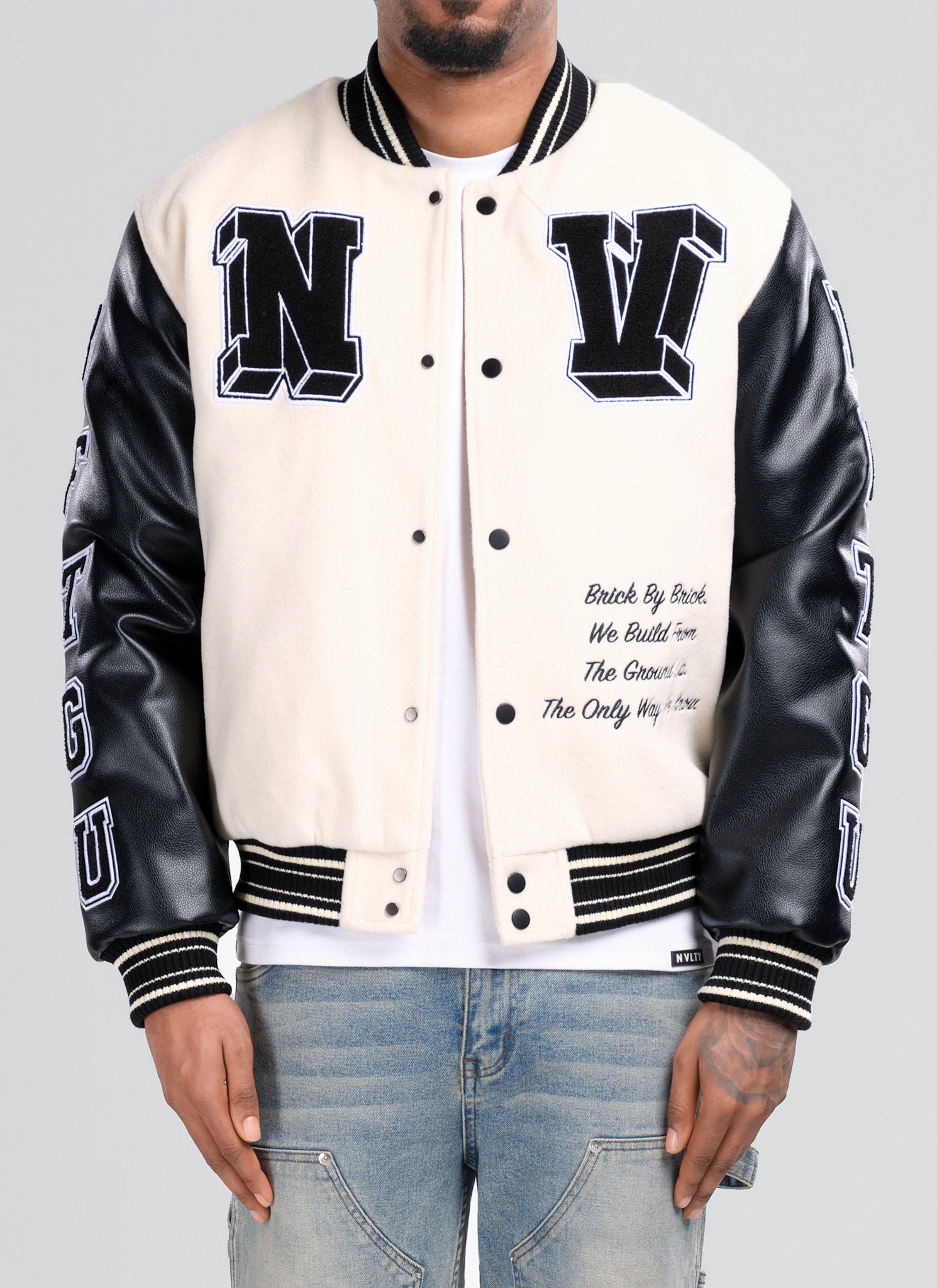 Built From The Ground Up Varsity Jacket - Ivory – N V L T Y
