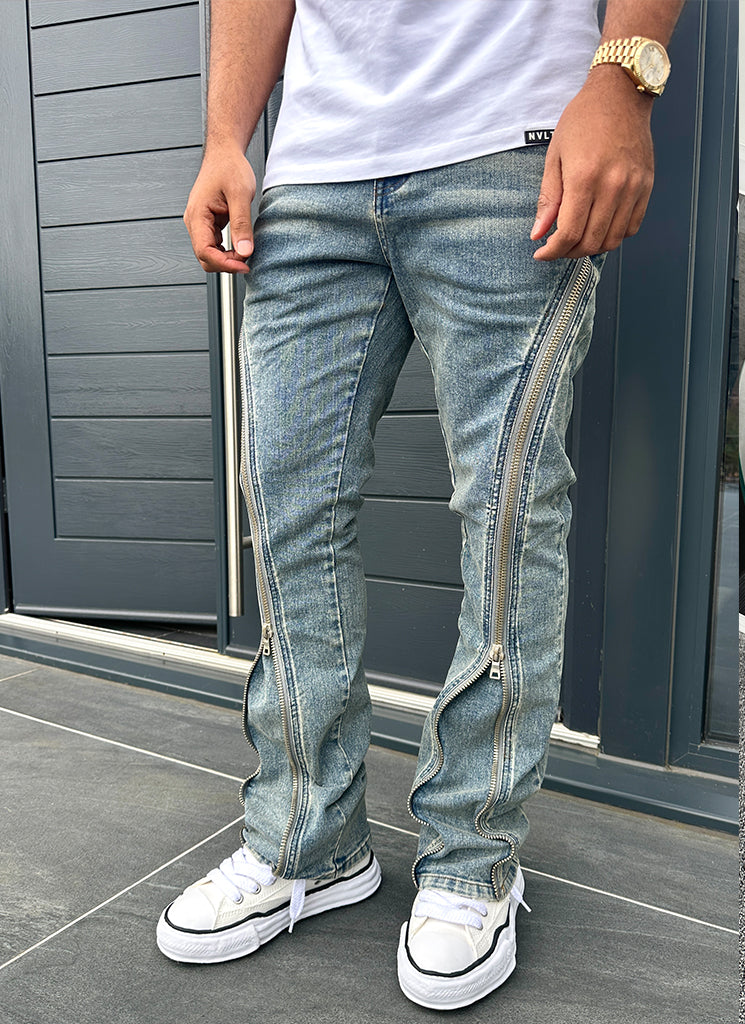 Vintage Flare Zipper Jeans - Blue