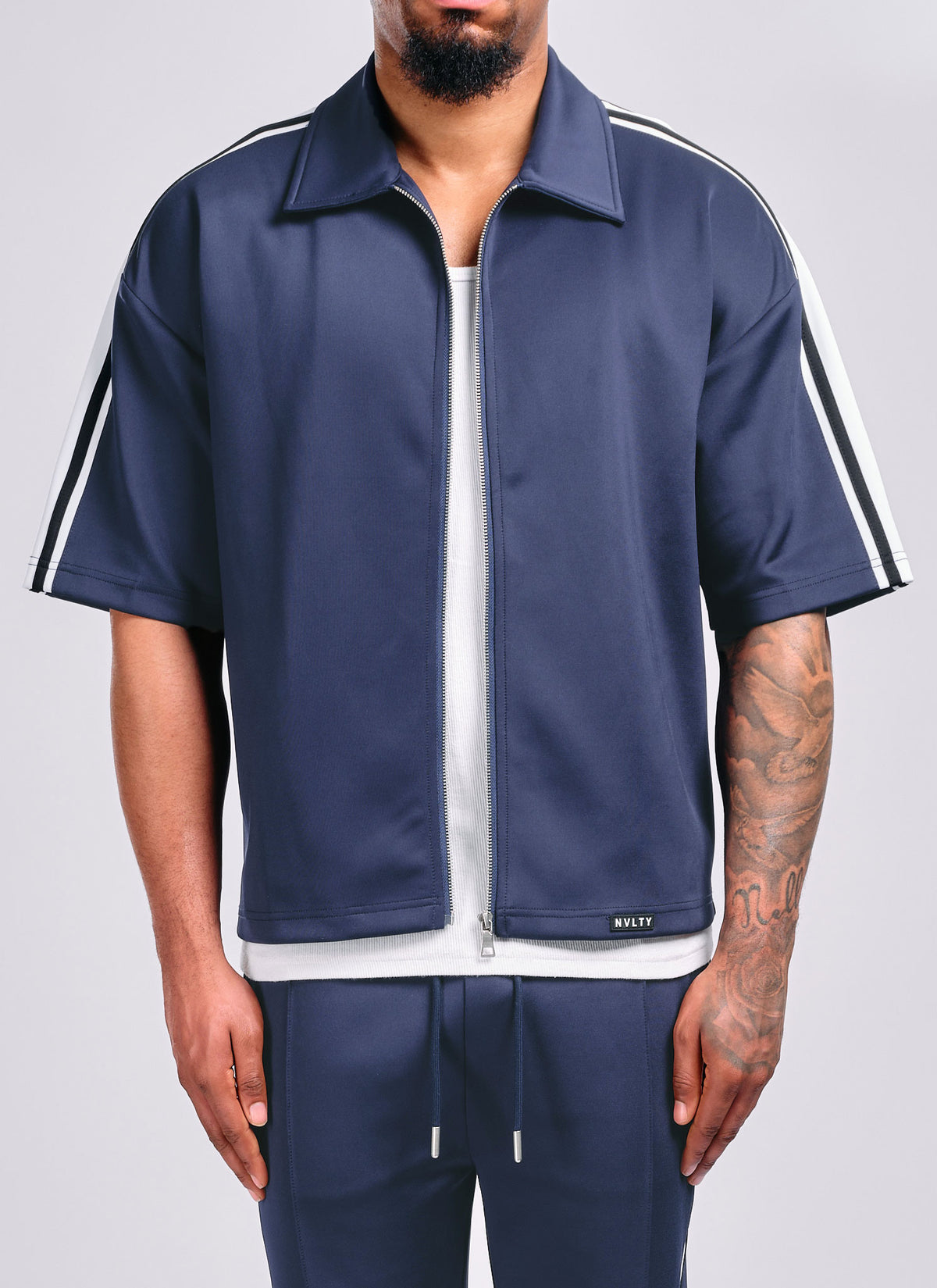 Panelled Luxe Track Shirt - Navy