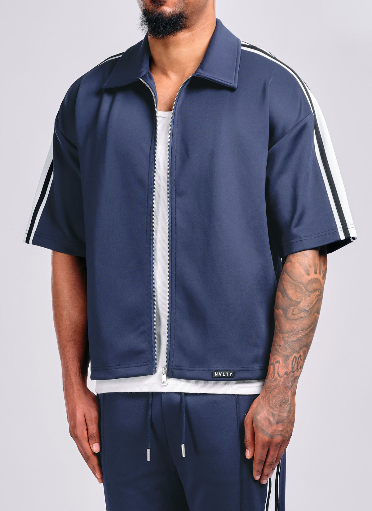 Panelled Luxe Track Shirt - Navy