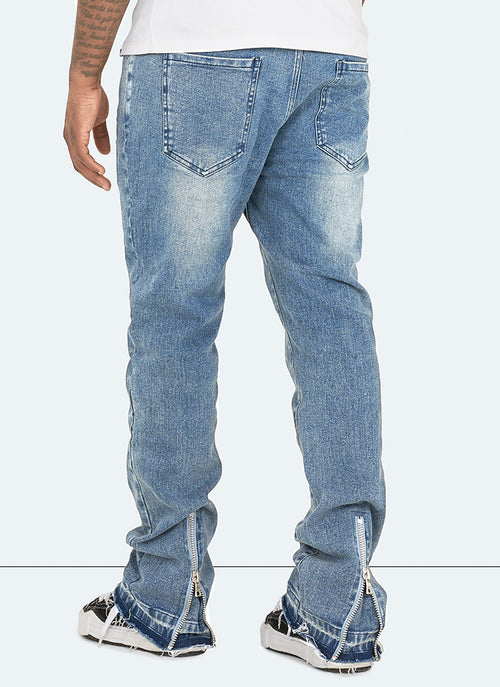 Vintage Flare Hem Zipper Jeans - Blue