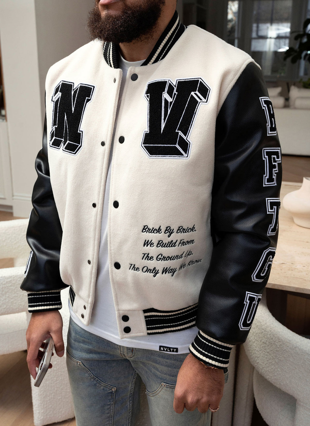 Built From The Ground Up Varsity Jacket - Ivory