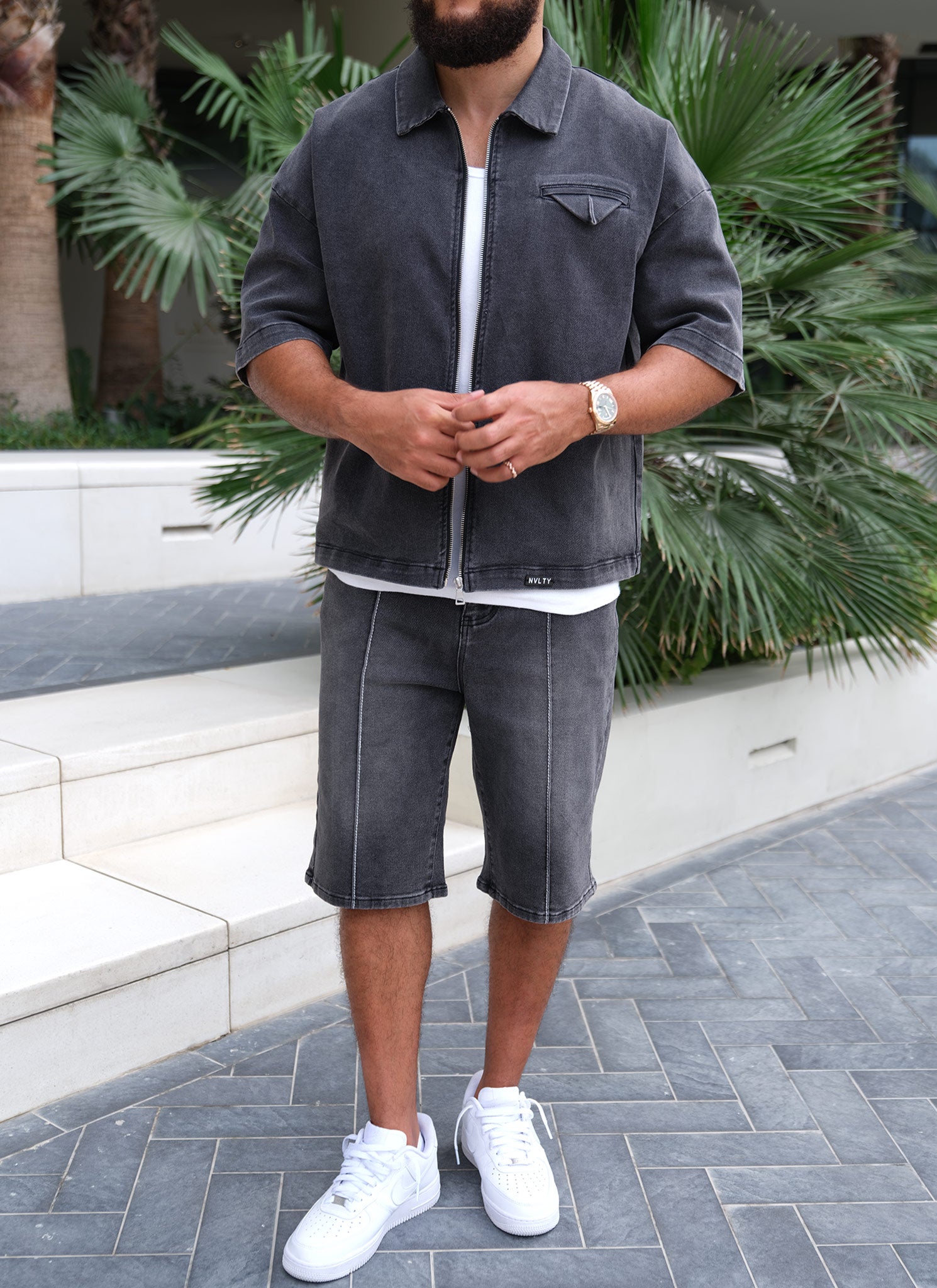 Vintage Pleat Denim Shorts - Grey