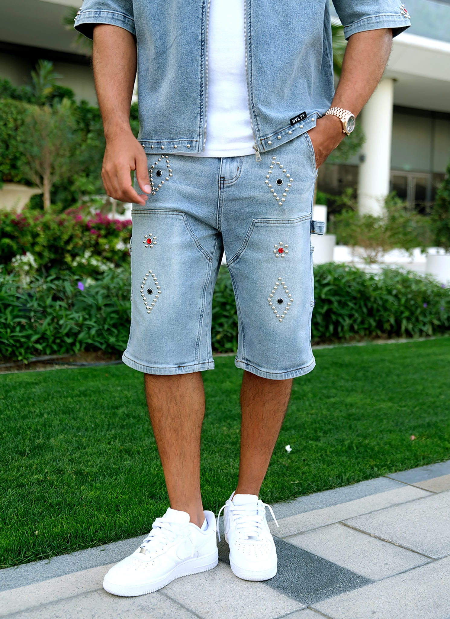 Vintage Carpenter Studded Denim Shorts - Blue