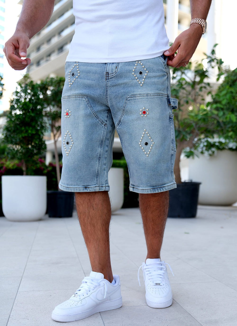Vintage Carpenter Studded Denim Shorts - Blue