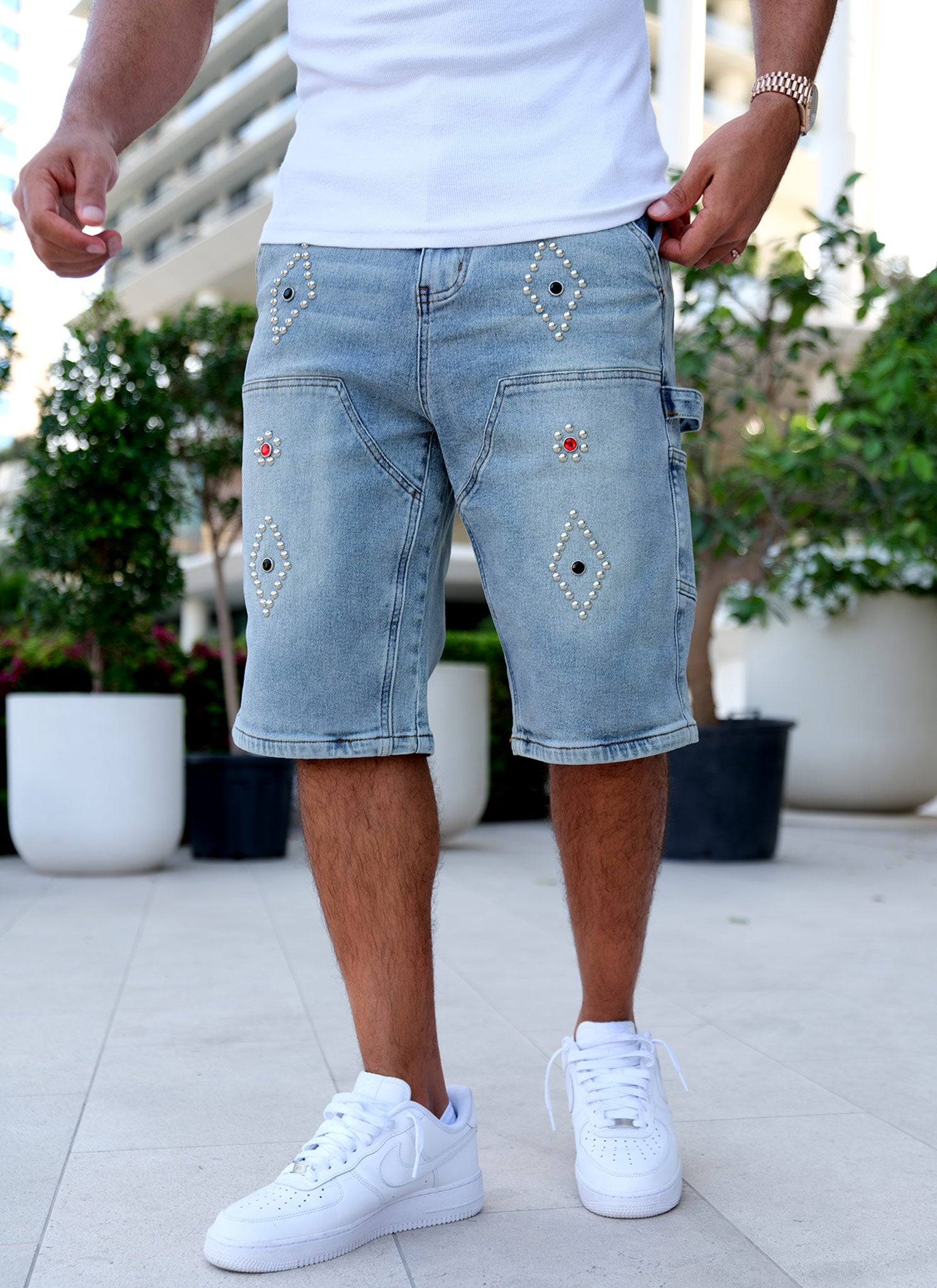 Vintage Carpenter Studded Denim Shorts - Blue