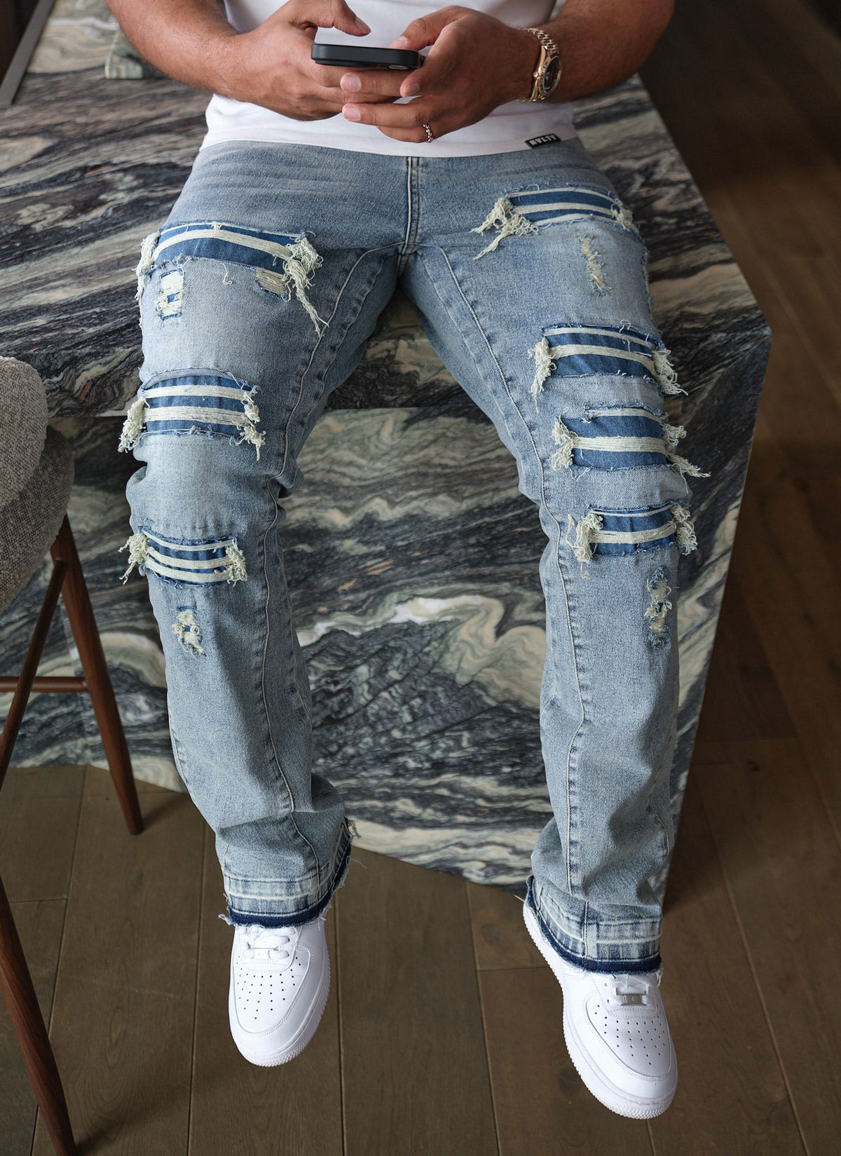 Vintage Flare Ripped & Repaired Jeans - Blue