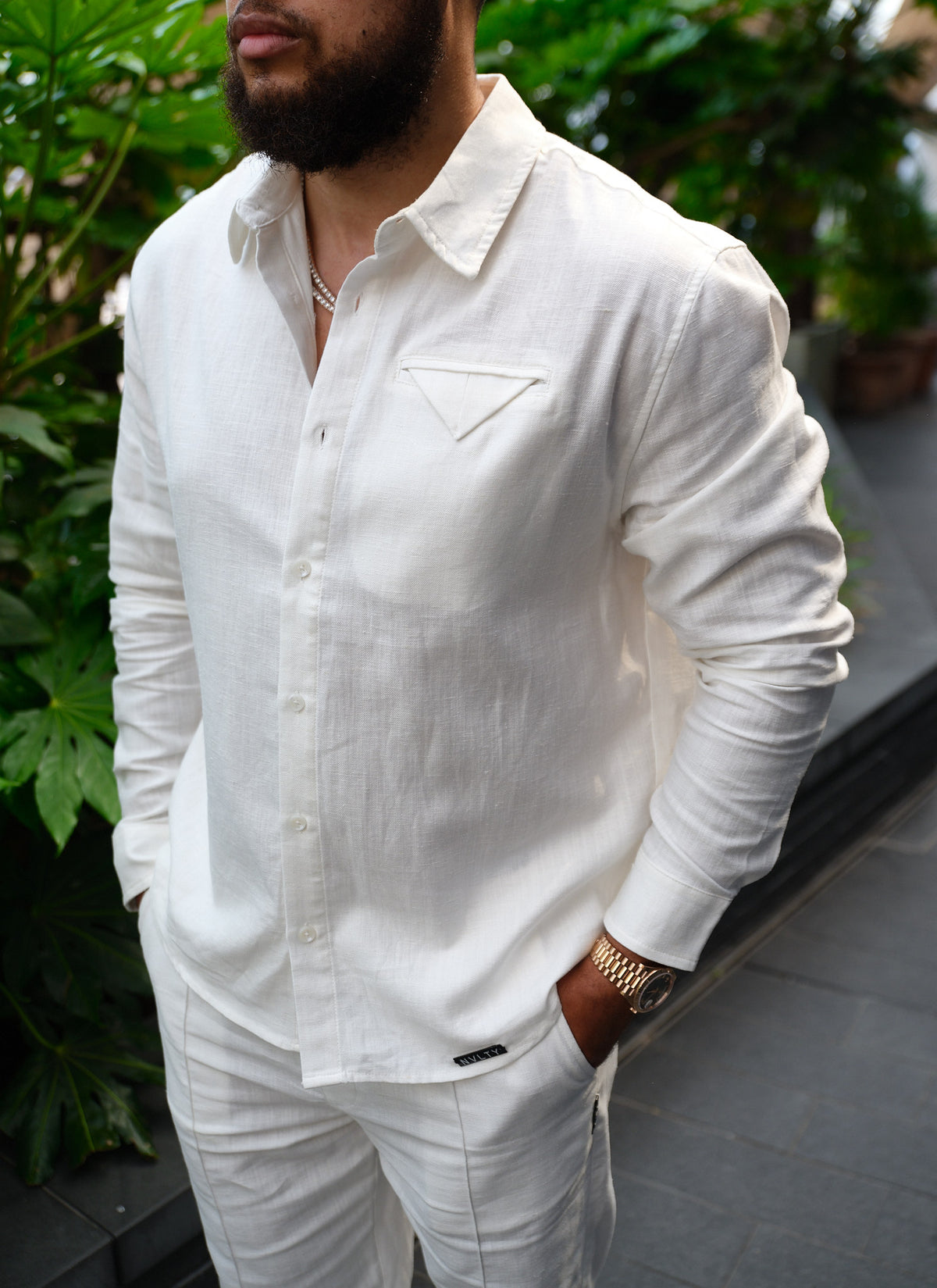 Linen Pocket Square Shirt - White