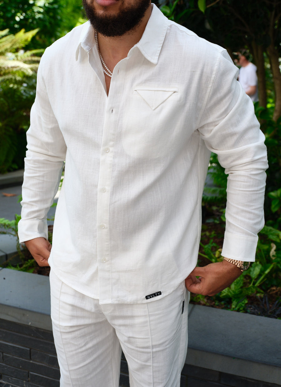 Linen Pocket Square Shirt - White