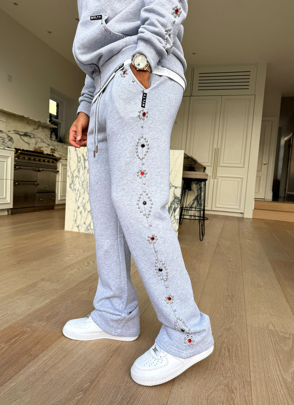 Vintage Studded Flare Joggers - Grey