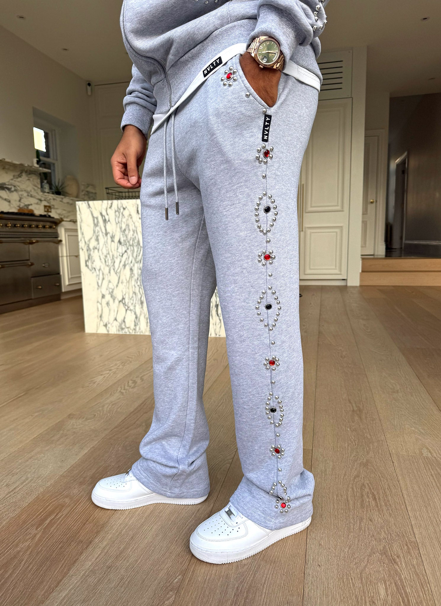 Vintage Studded Flare Joggers - Grey