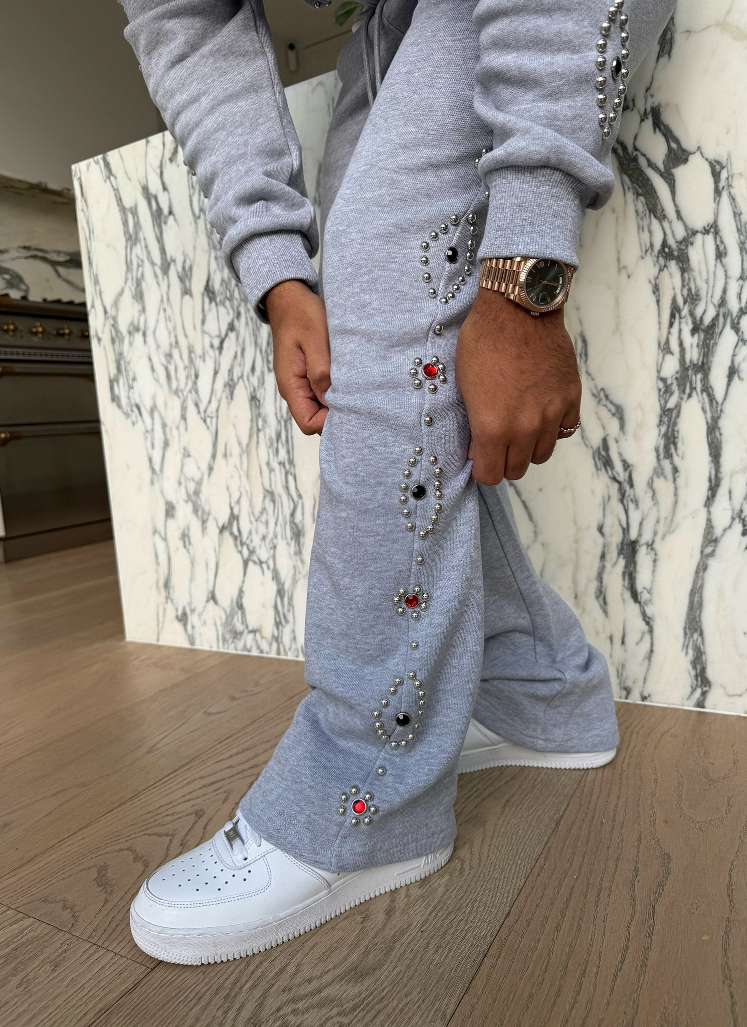 Vintage Studded Flare Joggers - Grey
