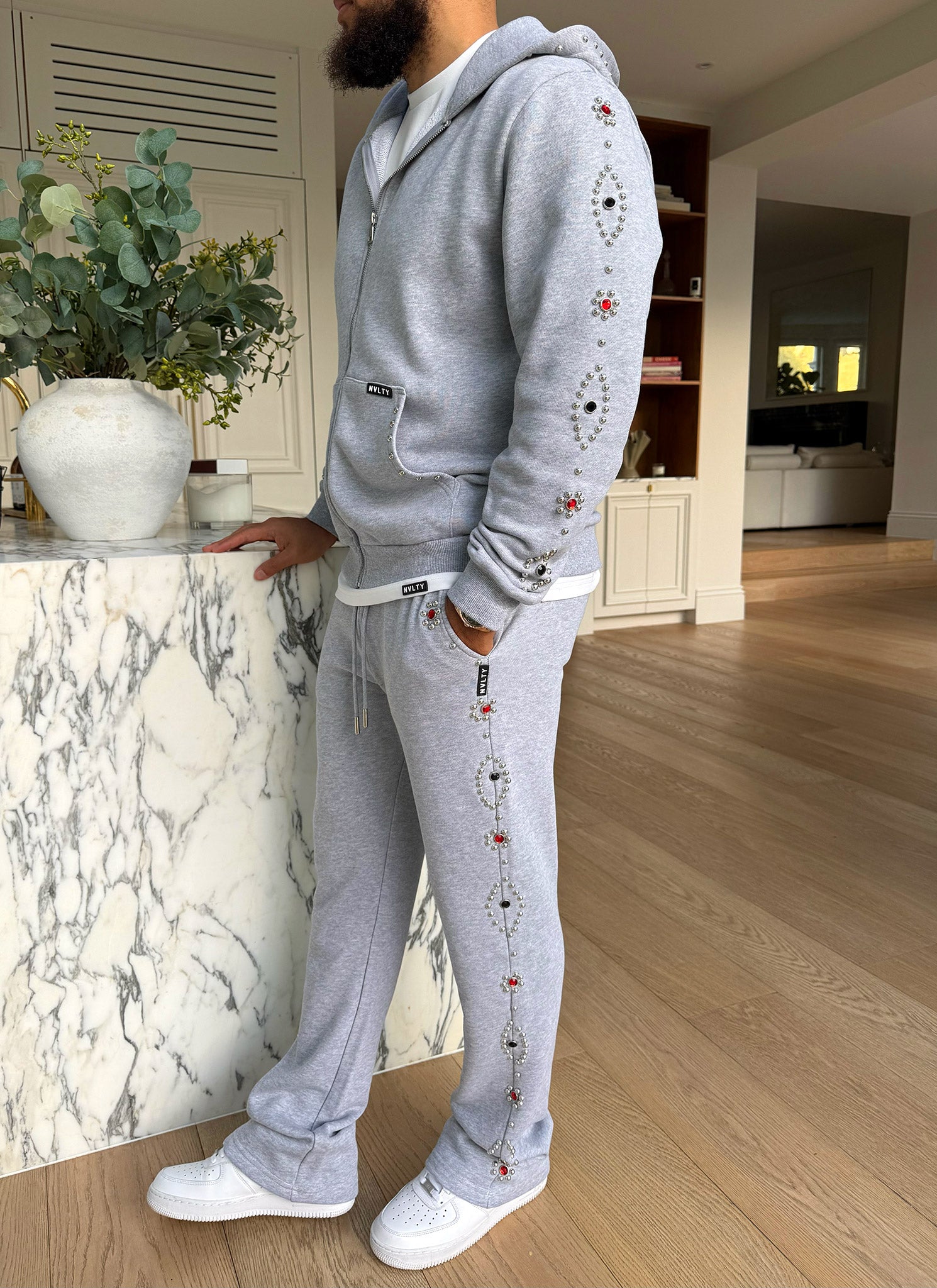 Vintage Studded Zip Hoodie - Grey