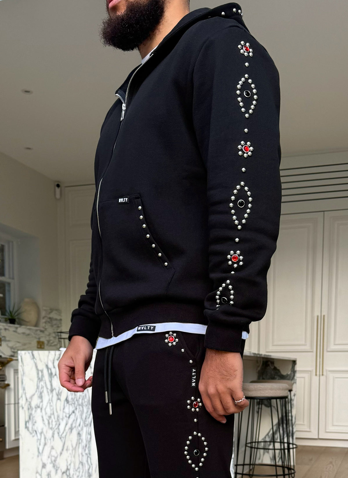 Vintage Studded Zip Hoodie - Black