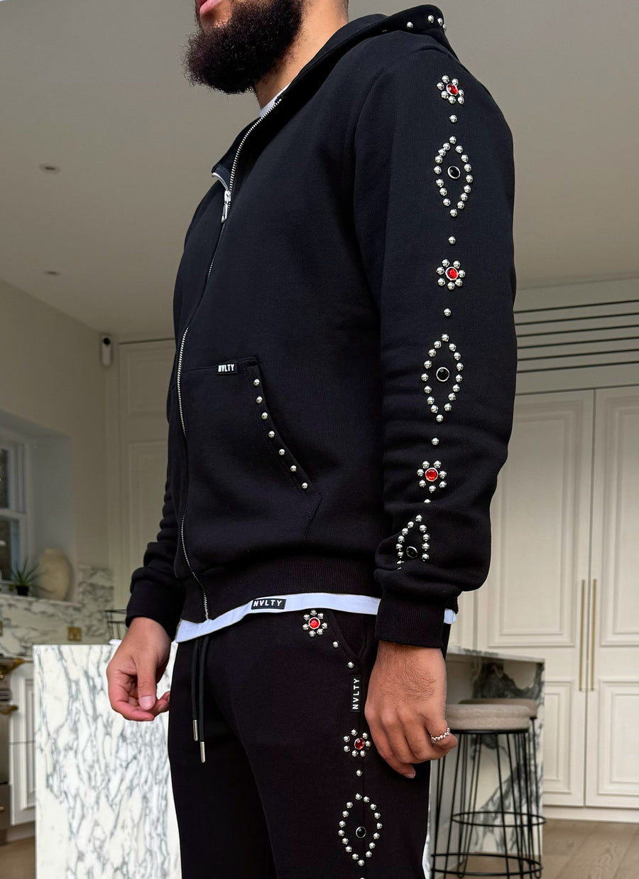 Vintage Studded Zip Hoodie - Black