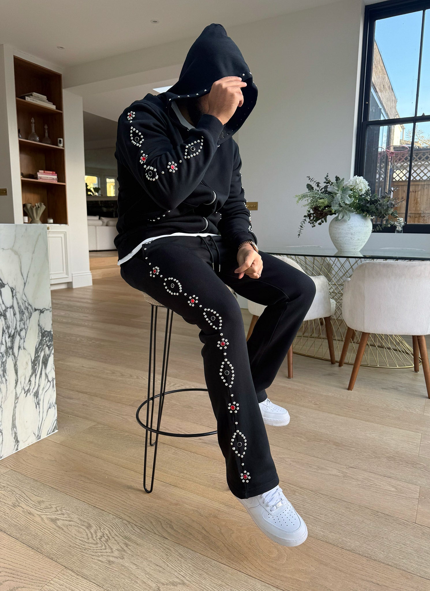 Vintage Studded Zip Hoodie - Black