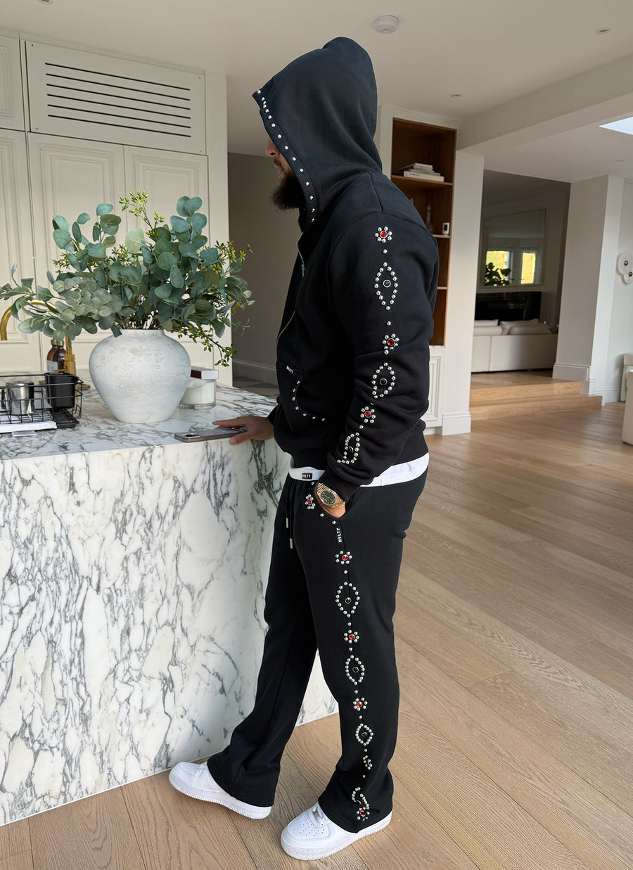 Vintage Studded Zip Hoodie - Black