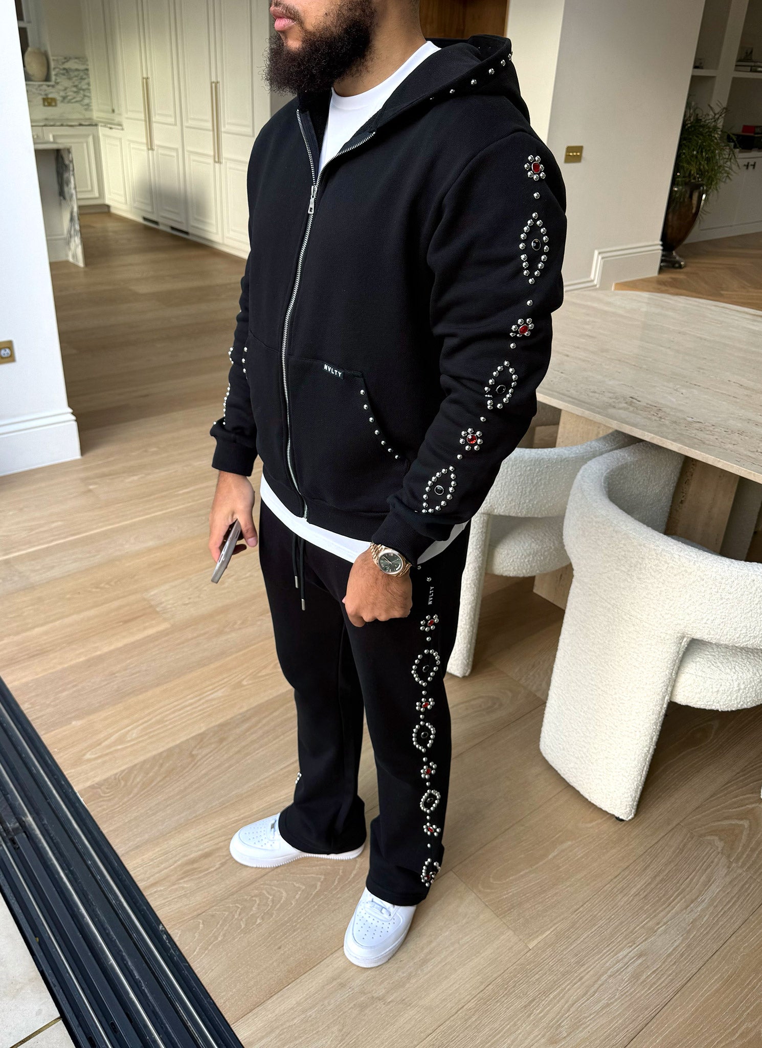 Vintage Studded Zip Hoodie - Black