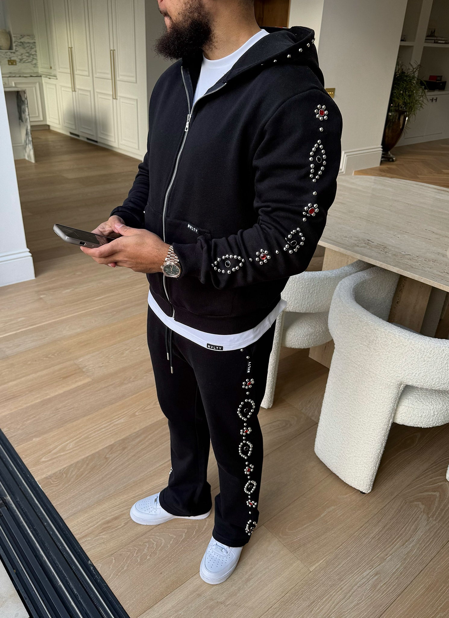 Vintage Studded Zip Hoodie - Black