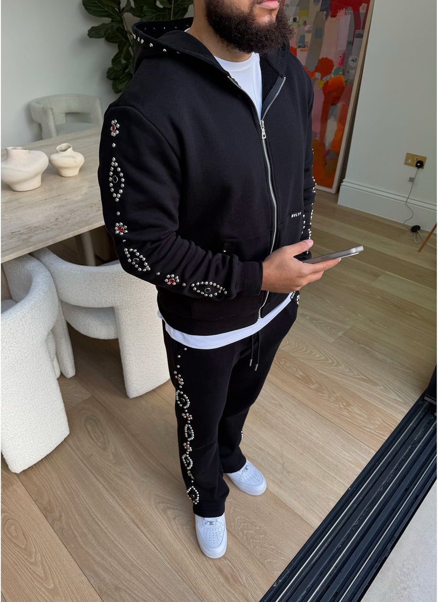 Vintage Studded Zip Hoodie - Black