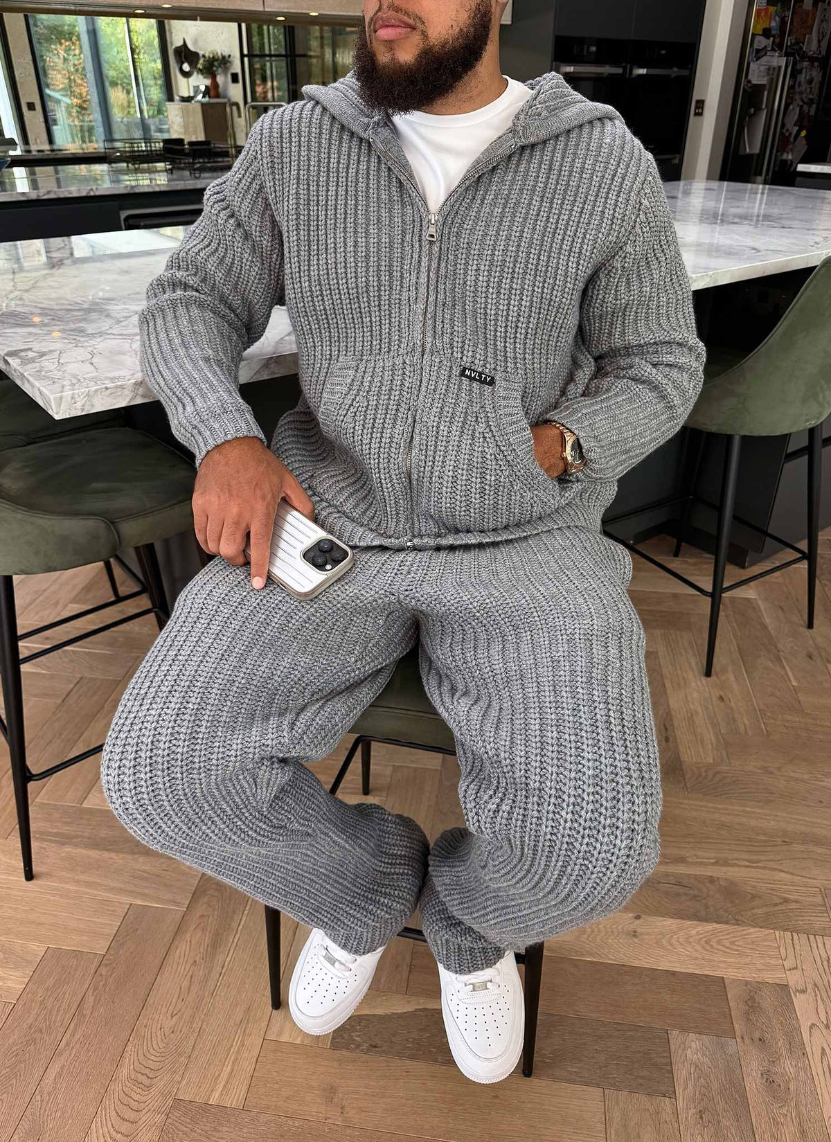 Heavyweight Knitted Zip Hoodie - Grey