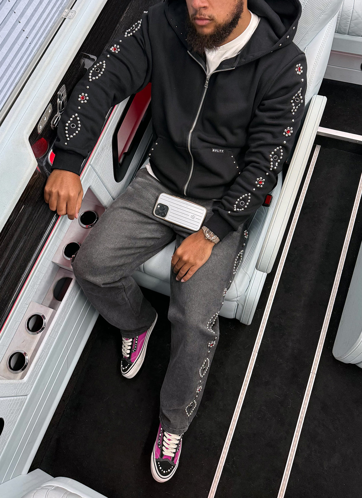 Vintage Studded Zip Hoodie - Black