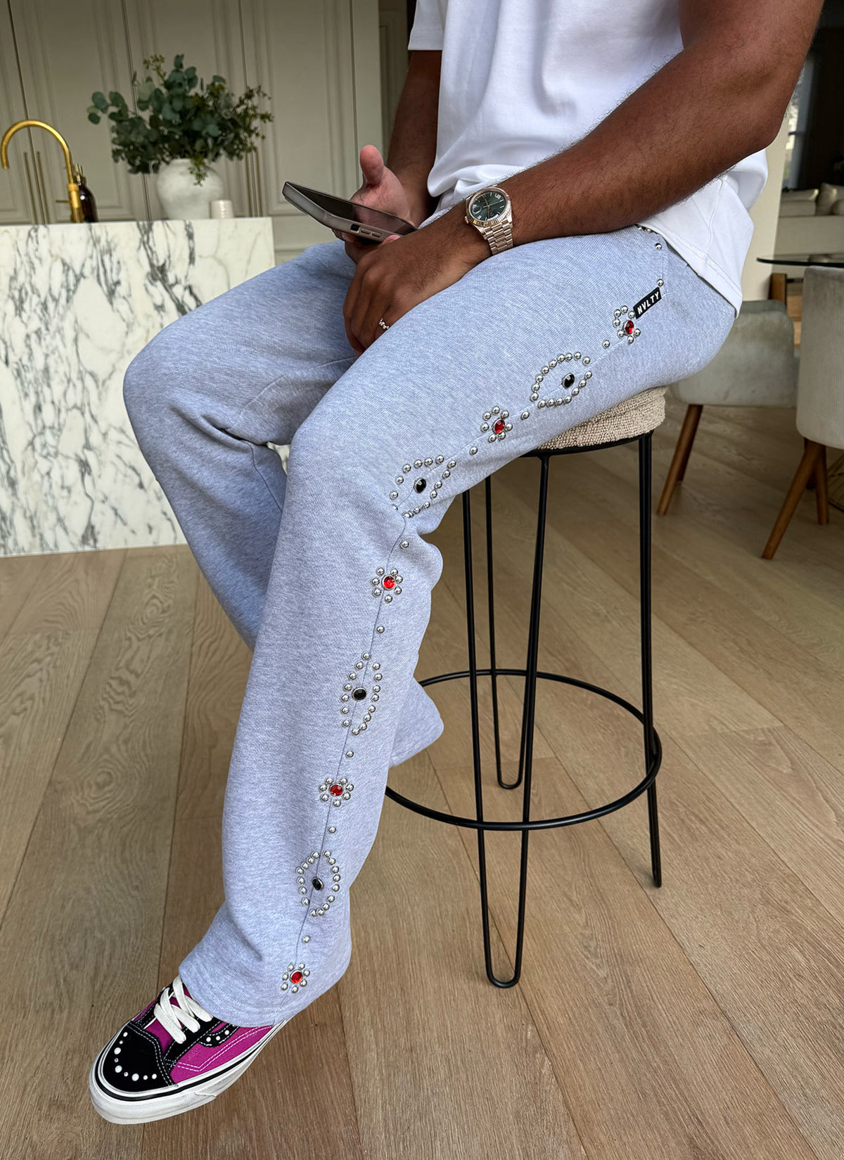 Vintage Studded Flare Joggers - Grey