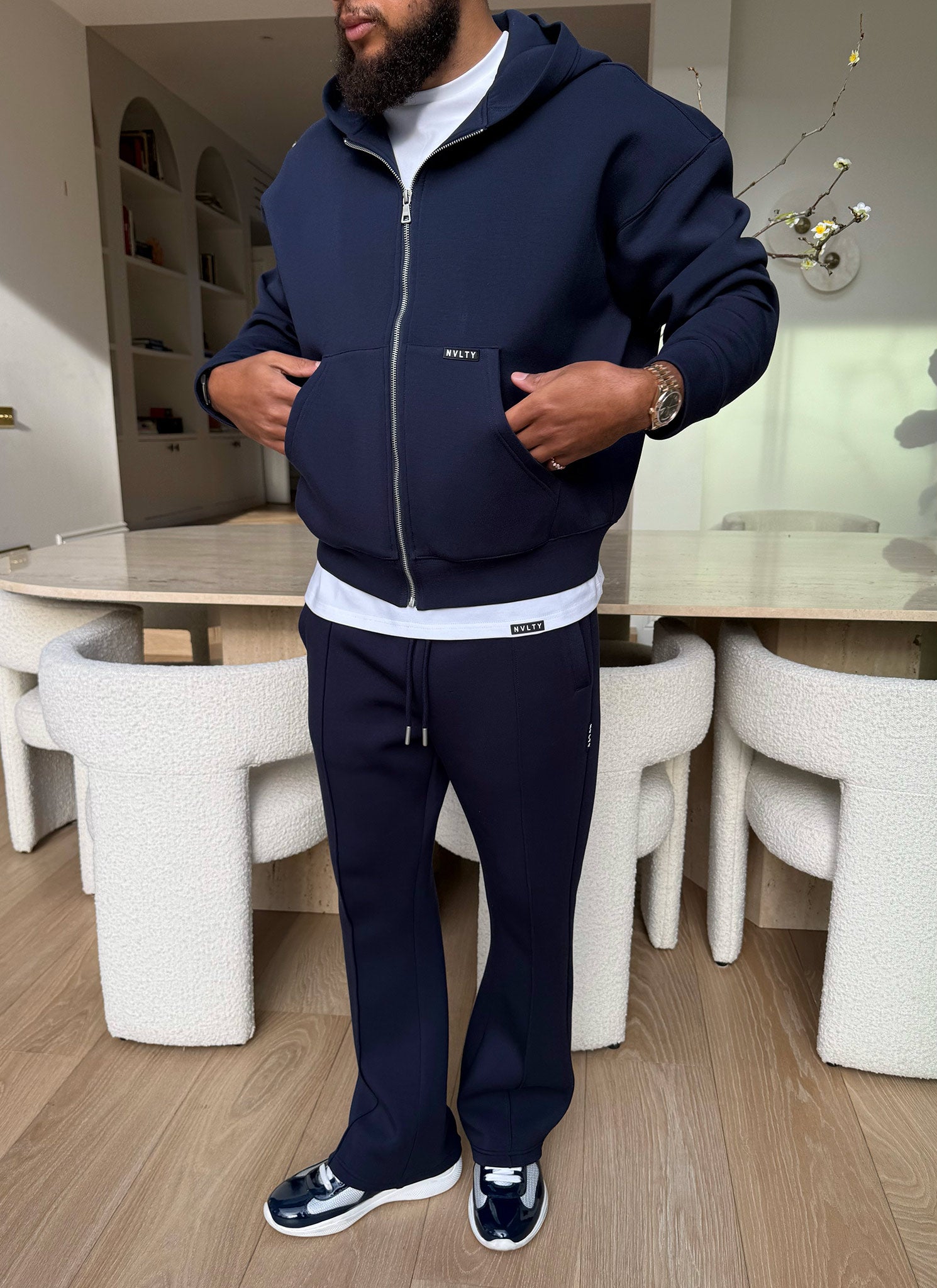 Scuba Structured Flare Pleat Joggers - Navy