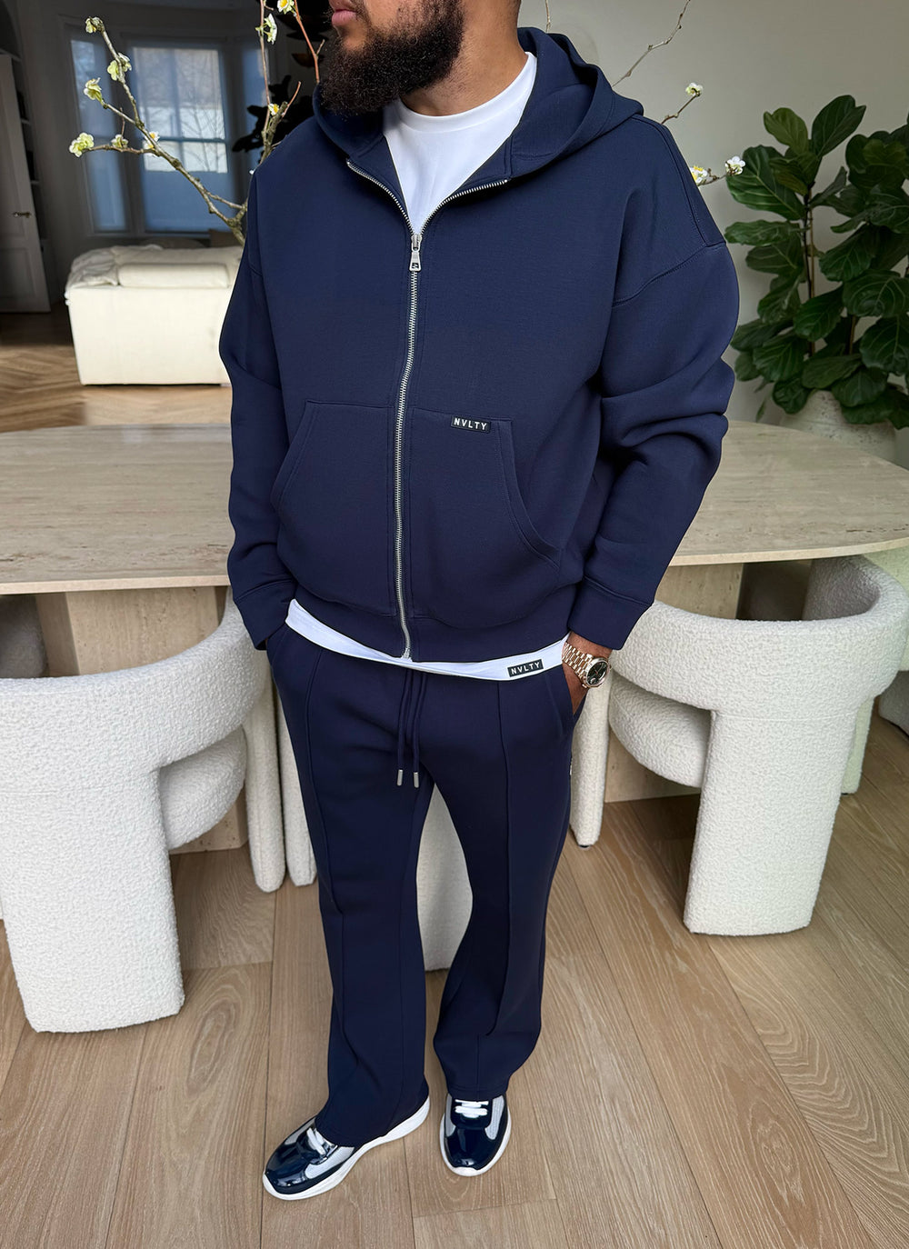 Scuba Structured Flare Pleat Joggers - Navy