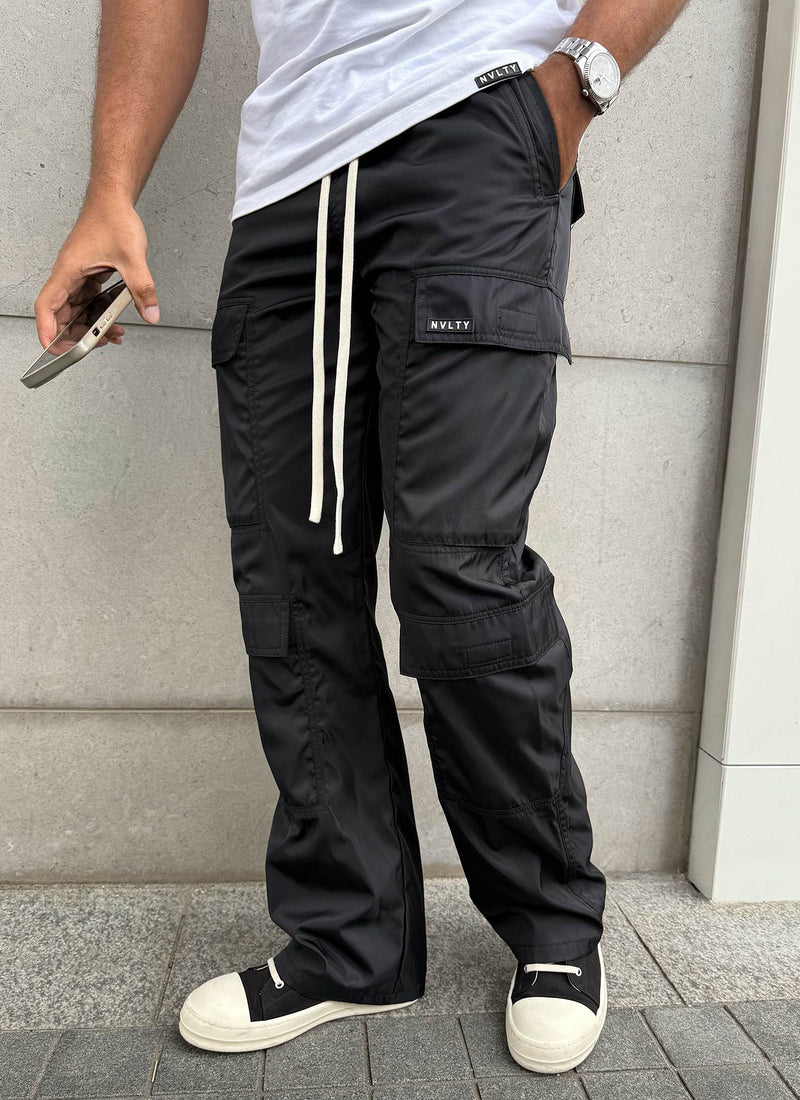 Nylon Double Pocket Cargo Pants - Black