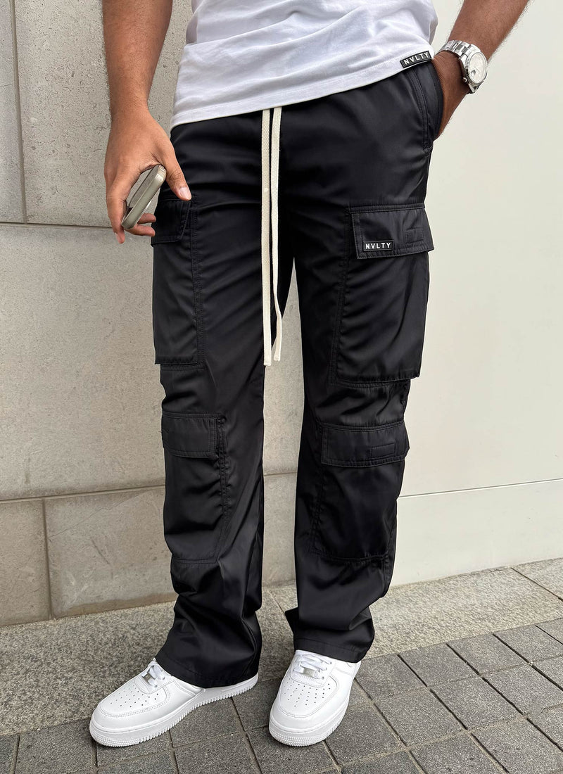 Nylon Double Pocket Cargo Pants - Black