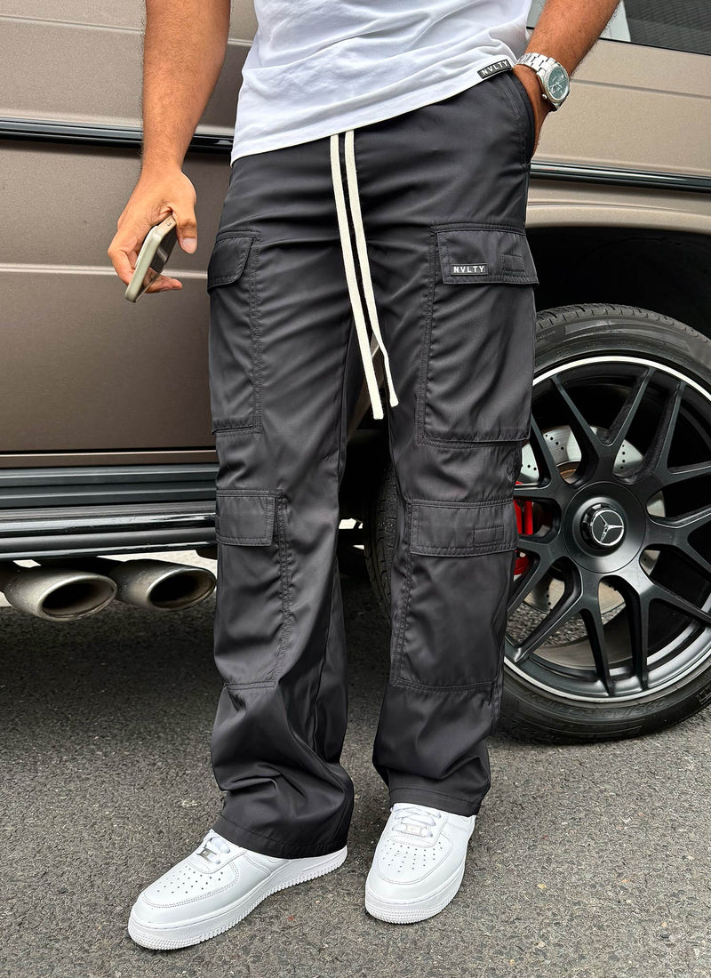 Nylon Double Pocket Cargo Pants - Black