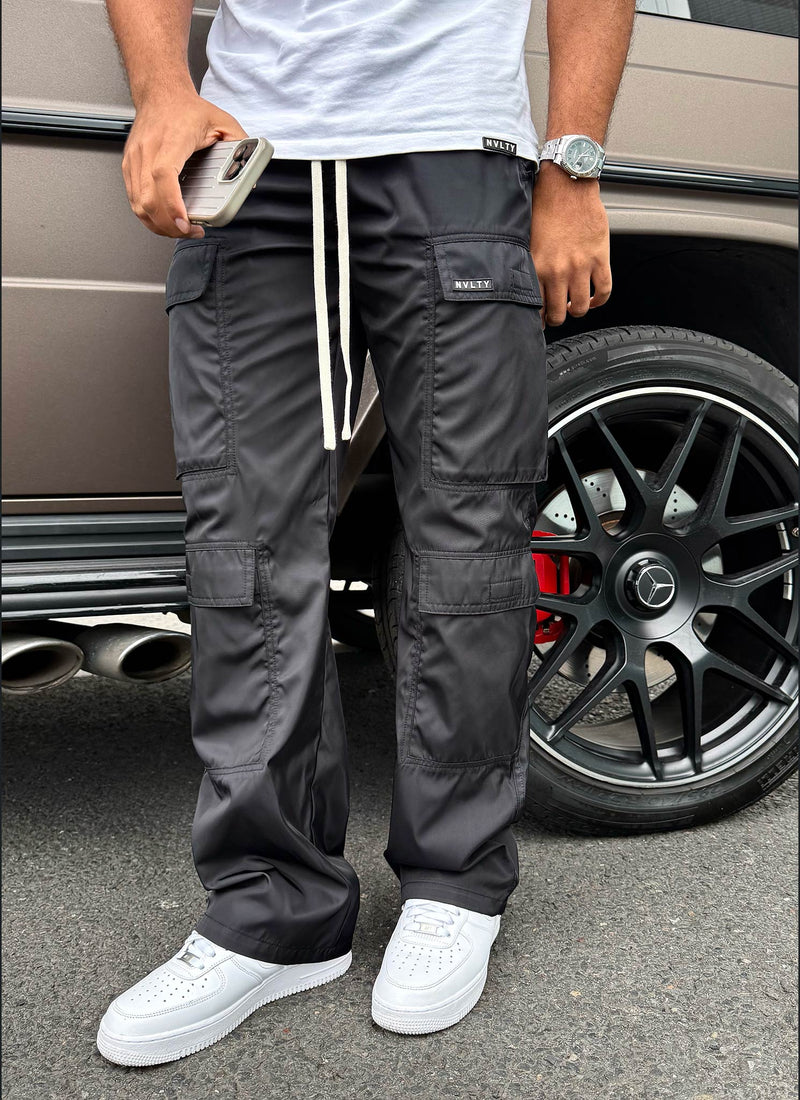 Nylon Double Pocket Cargo Pants - Black