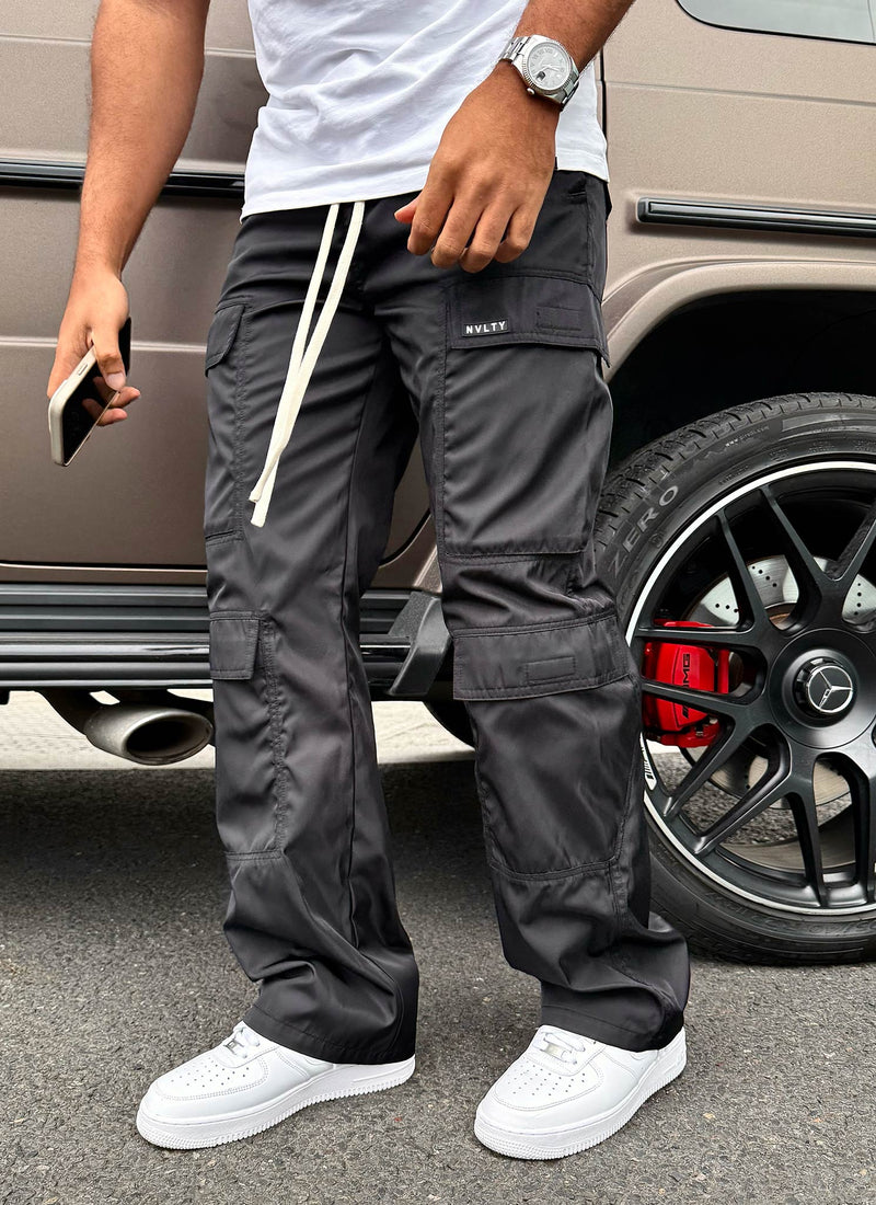 Nylon Double Pocket Cargo Pants - Black