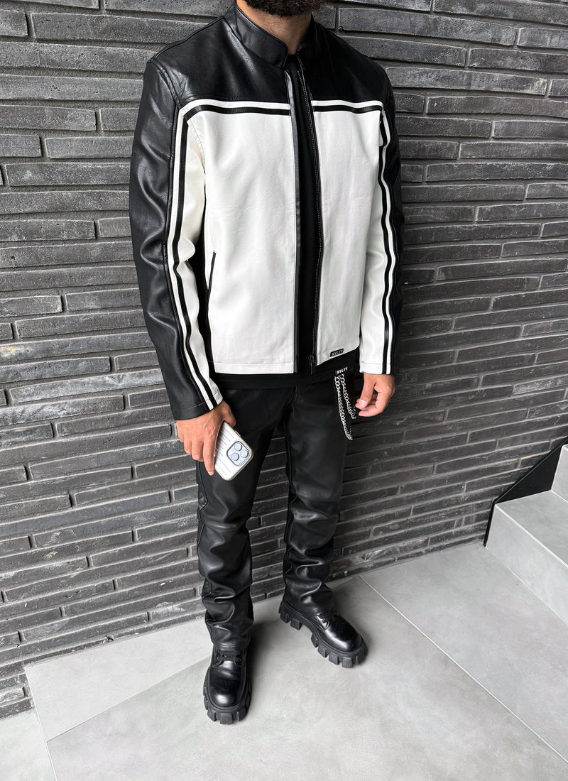 Moto Racer Biker Jacket - Black/Ivory