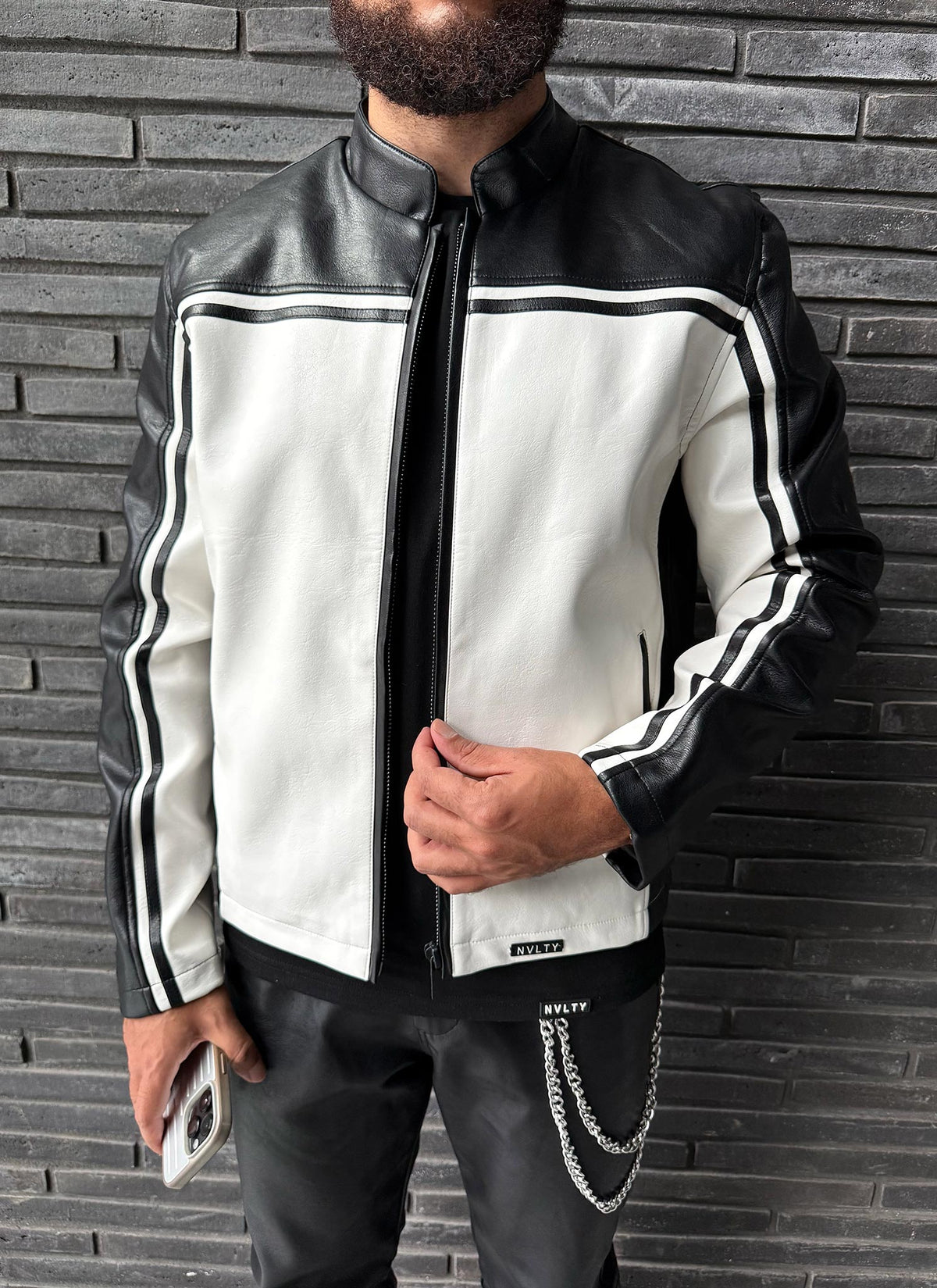 Moto Racer Biker Jacket - Black/Ivory