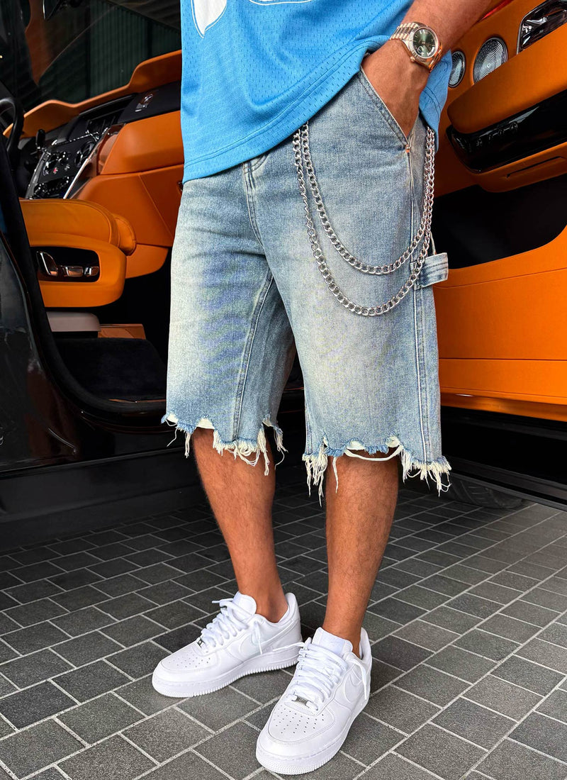 Vintage Raw Hem Denim Shorts - Blue