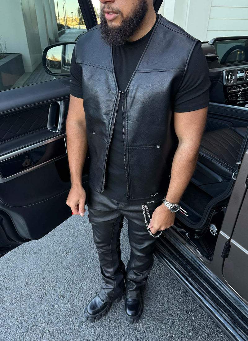 Leather Carpenter Rivet Vest - Black
