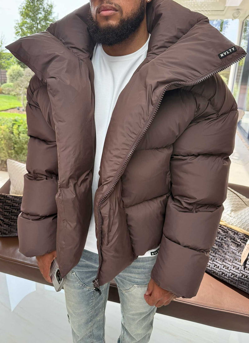 Vintage Shawl Collar Puffer Jacket - Brown
