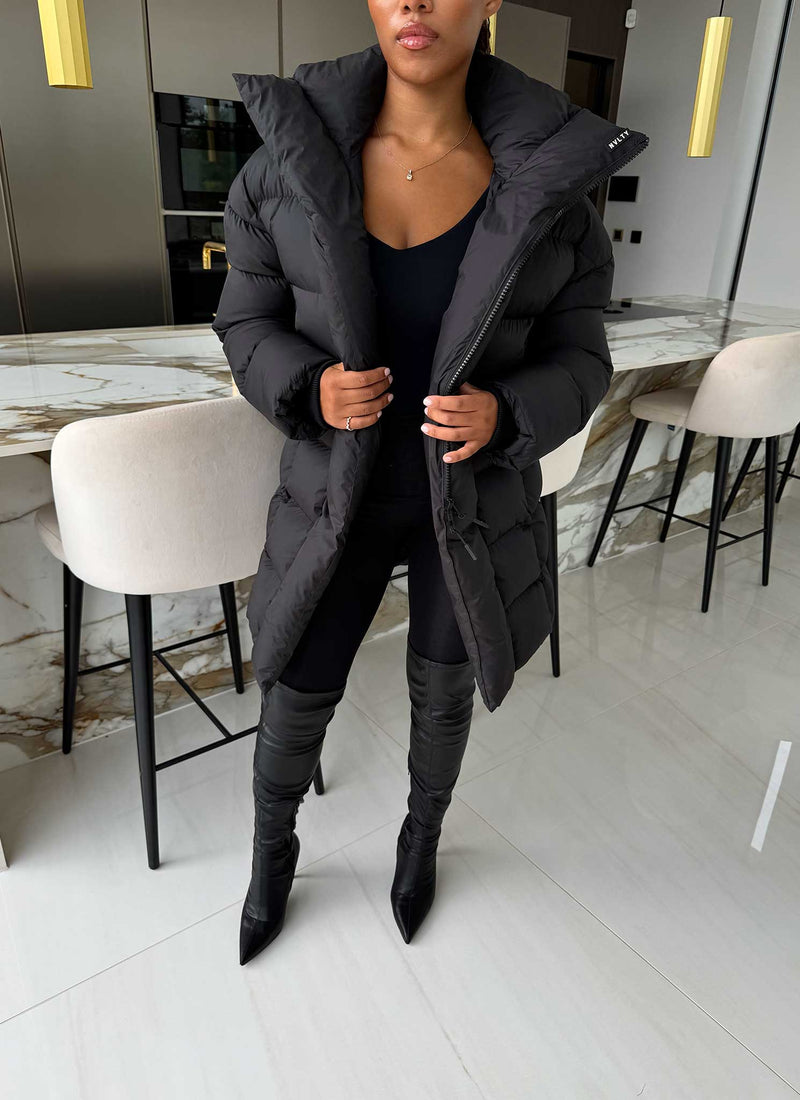 Vintage Long Shawl Collar Puffer Jacket - Black