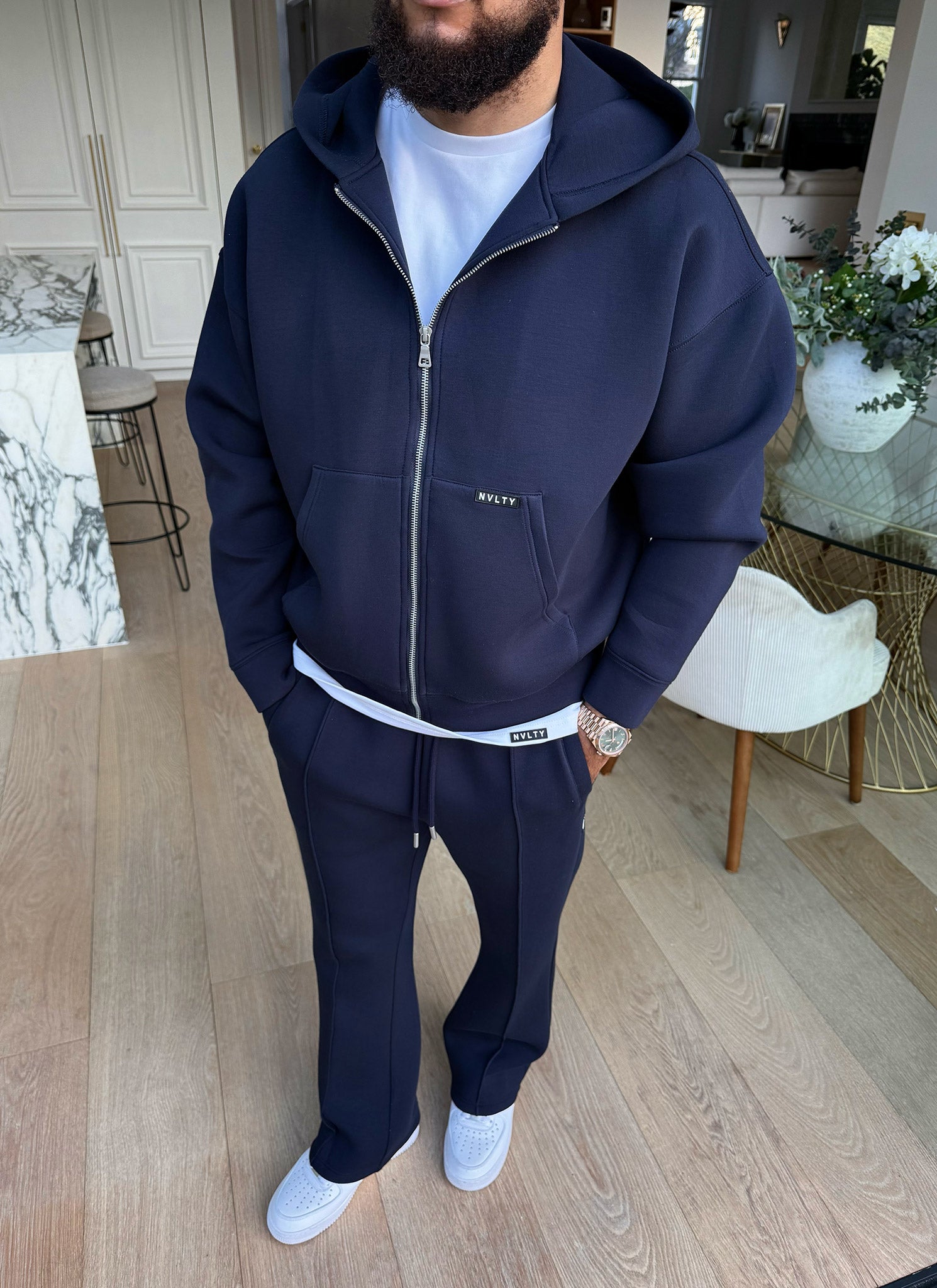 Scuba Structured Flare Pleat Joggers - Navy