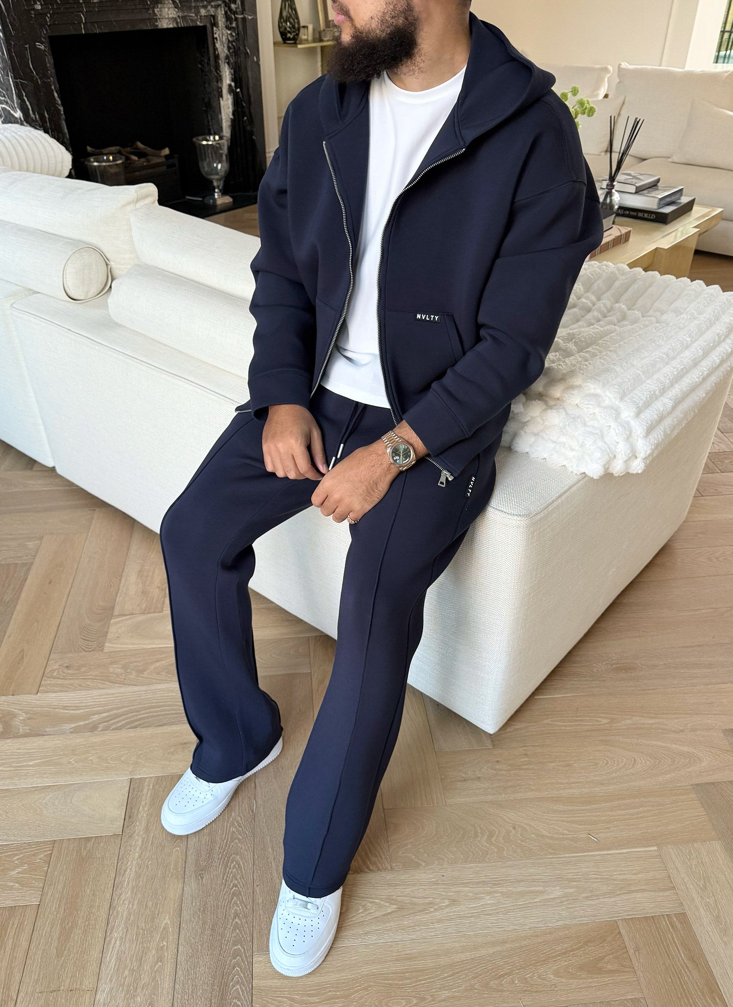 Scuba Structured Flare Pleat Joggers - Navy