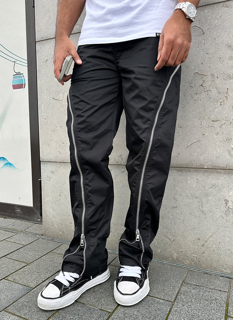 Nylon Flare Zipper Pants - Black